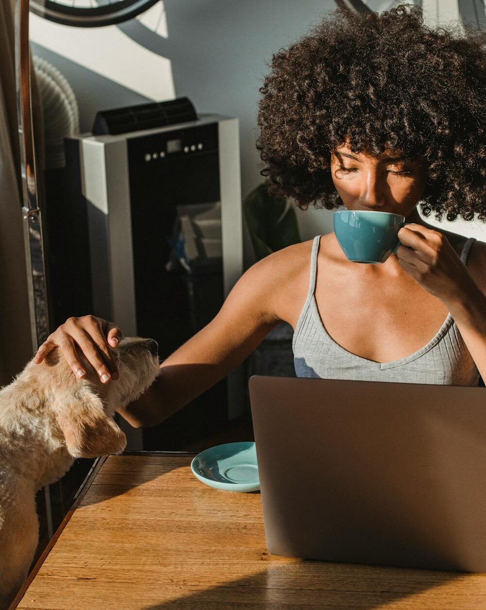 african american female freelancer using laptop and drinking coffee